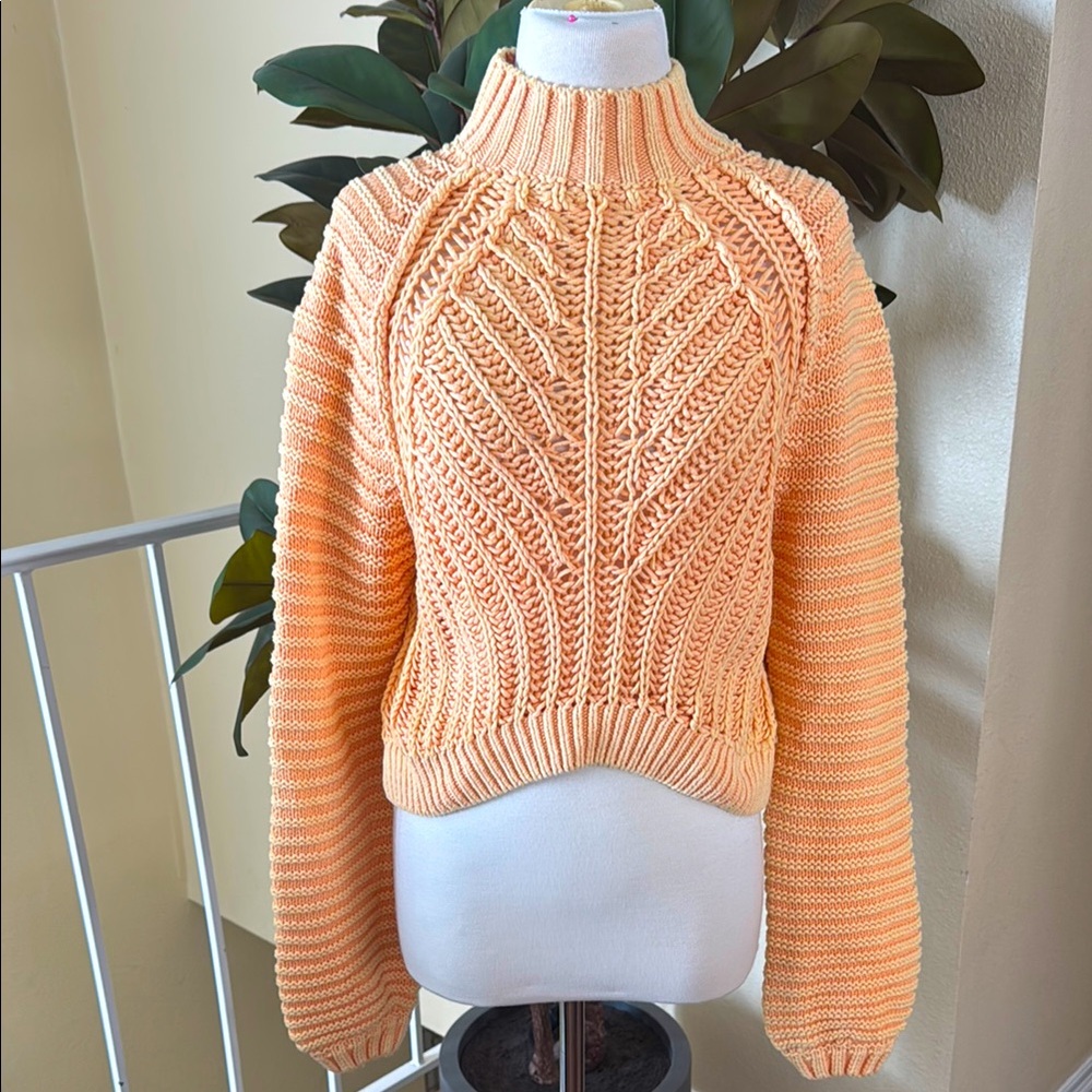 Free People Sweet Heart Mock Neck Knit Chunky Cable Peach Sweater  Size M